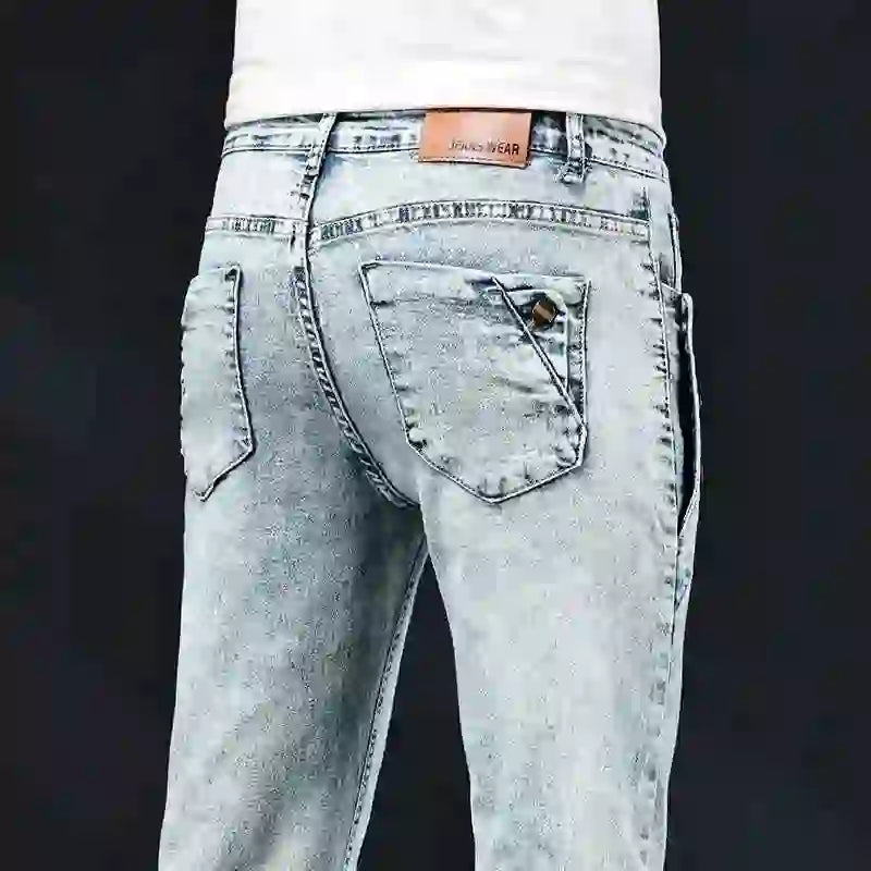 Slim Skinny Jeans Men New Elastic Korean Design Fashion Multi-Button Blue White Vintage Wash Cotton Stretch Denim Pants Trousers
