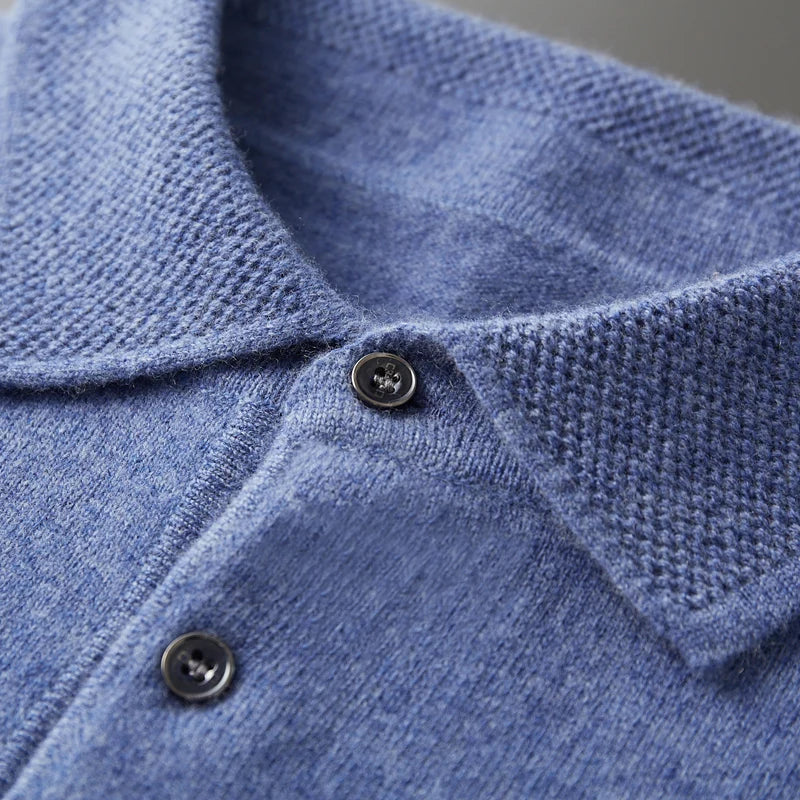 Pure Wool Sweater Men's POLO Neck Three-Button Loose Business Casual Medium Thick Warm Long-Sleeved Cashmere Large Knitted Shirt