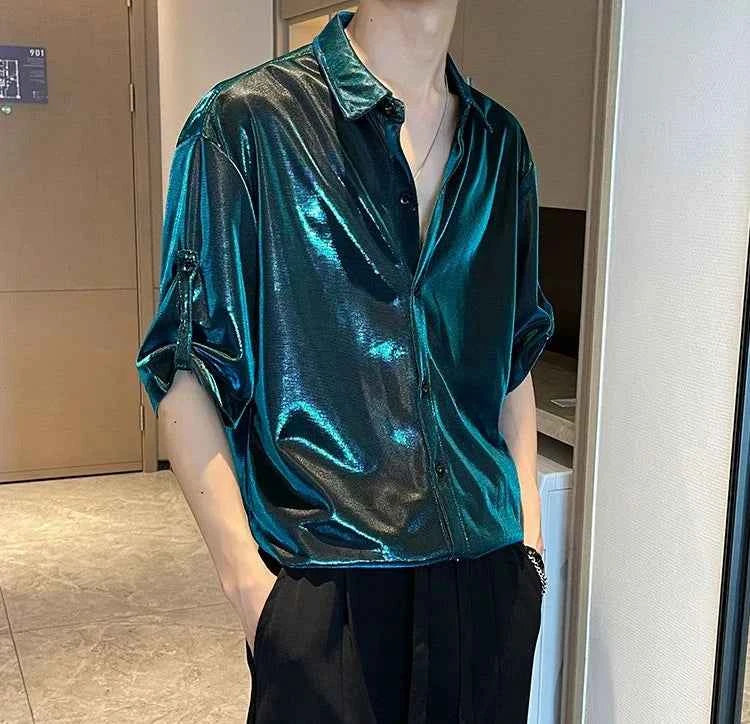 Shirts for Men Silk Plain Man Shirt Green Half Sleeve Cool Cotton Summer Xxl Slim Fit Hipster Original Asia I Fashion 2024 Sale