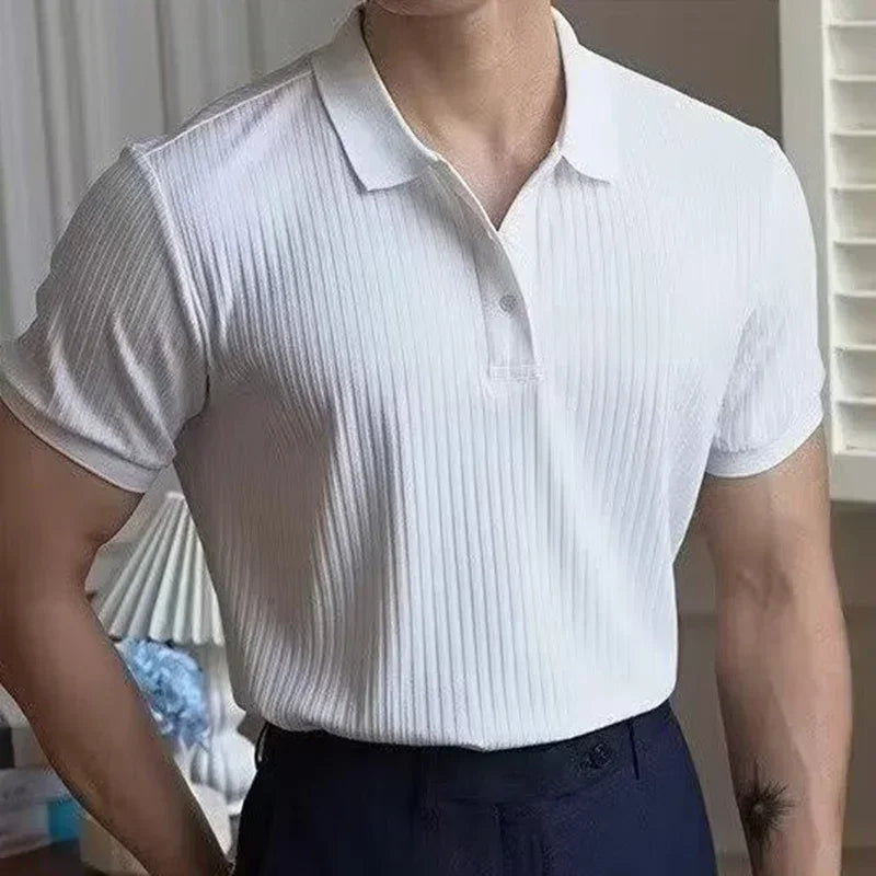 Summer Men's Clothing Retro Knit Lapel Striped Polo Shirt Solid Color
