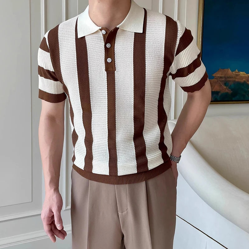 Stylish Men's Slim Short Sleeve Polo Shirts Knitting Striped Contrast