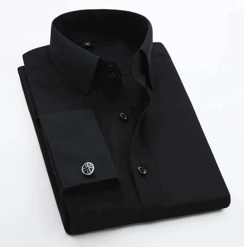 Men's French Cuff Dress Shirt Long Sleeve Slim Fit Tuxedo Shirts with Cufflinks Poly/Cotton Double Button Collar