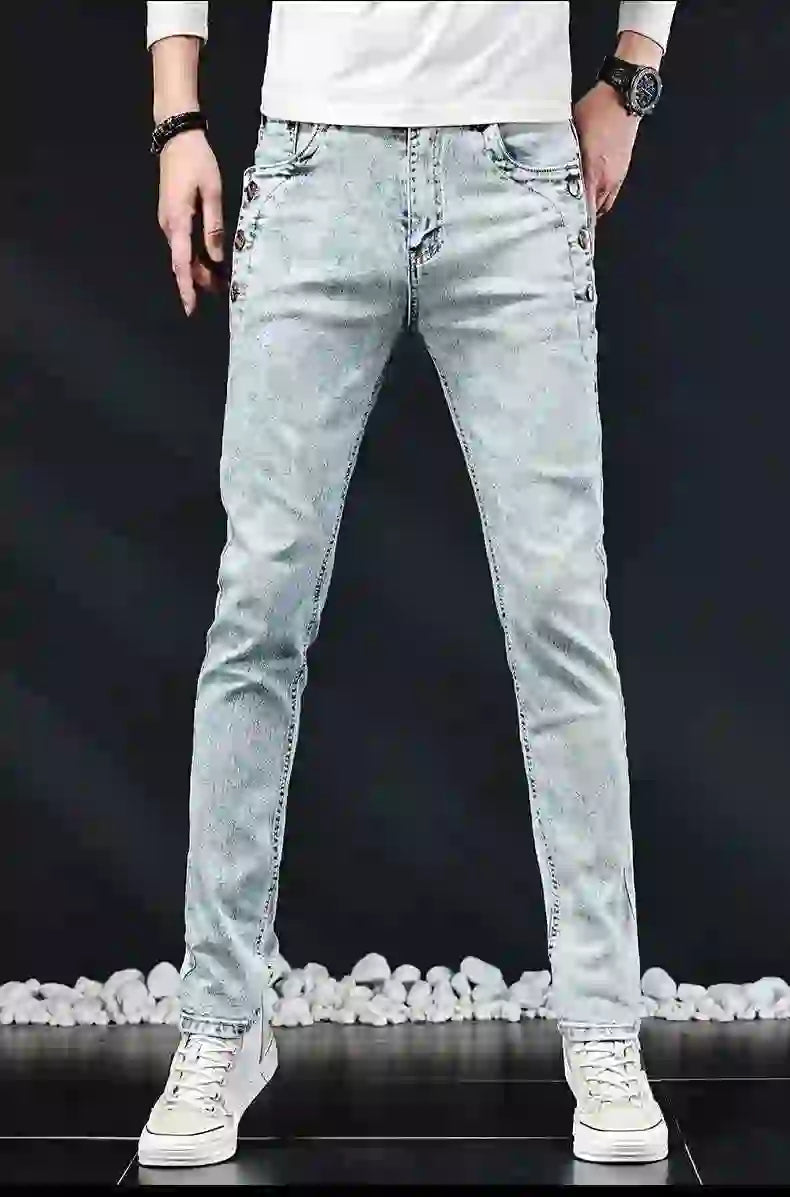 Slim Skinny Jeans Men New Elastic Korean Design Fashion Multi-Button Blue White Vintage Wash Cotton Stretch Denim Pants Trousers