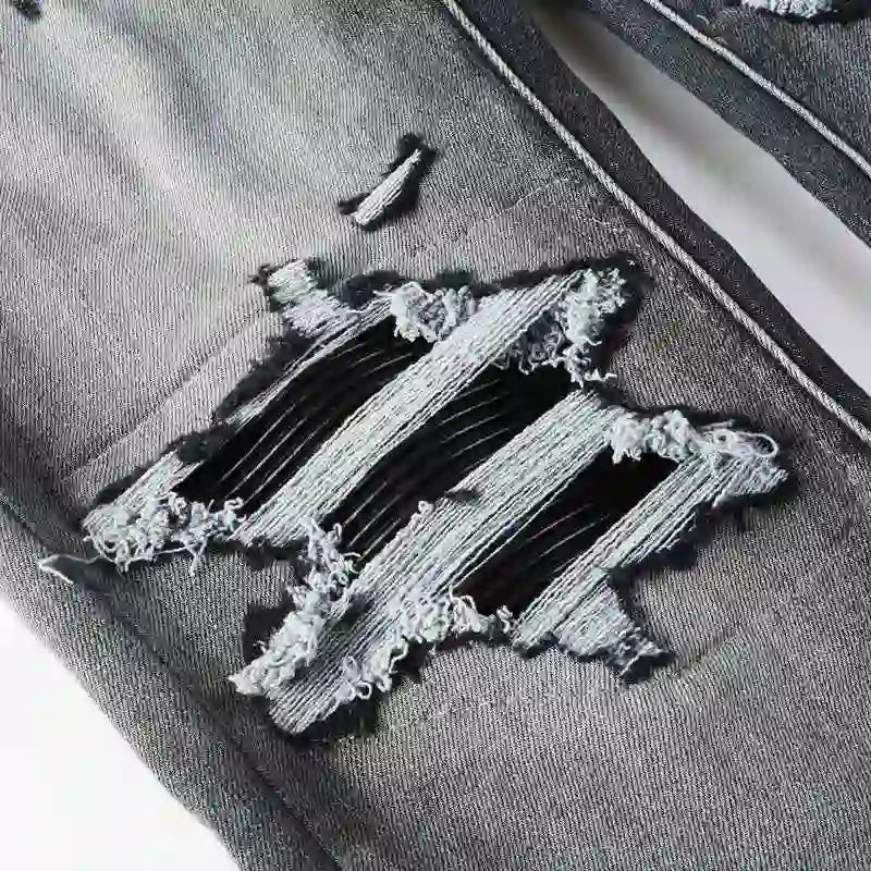 Designer fashion new denim jeans with stretch, slim fit, perforated, red patch washed, nostalgic black gray jeans, high street h